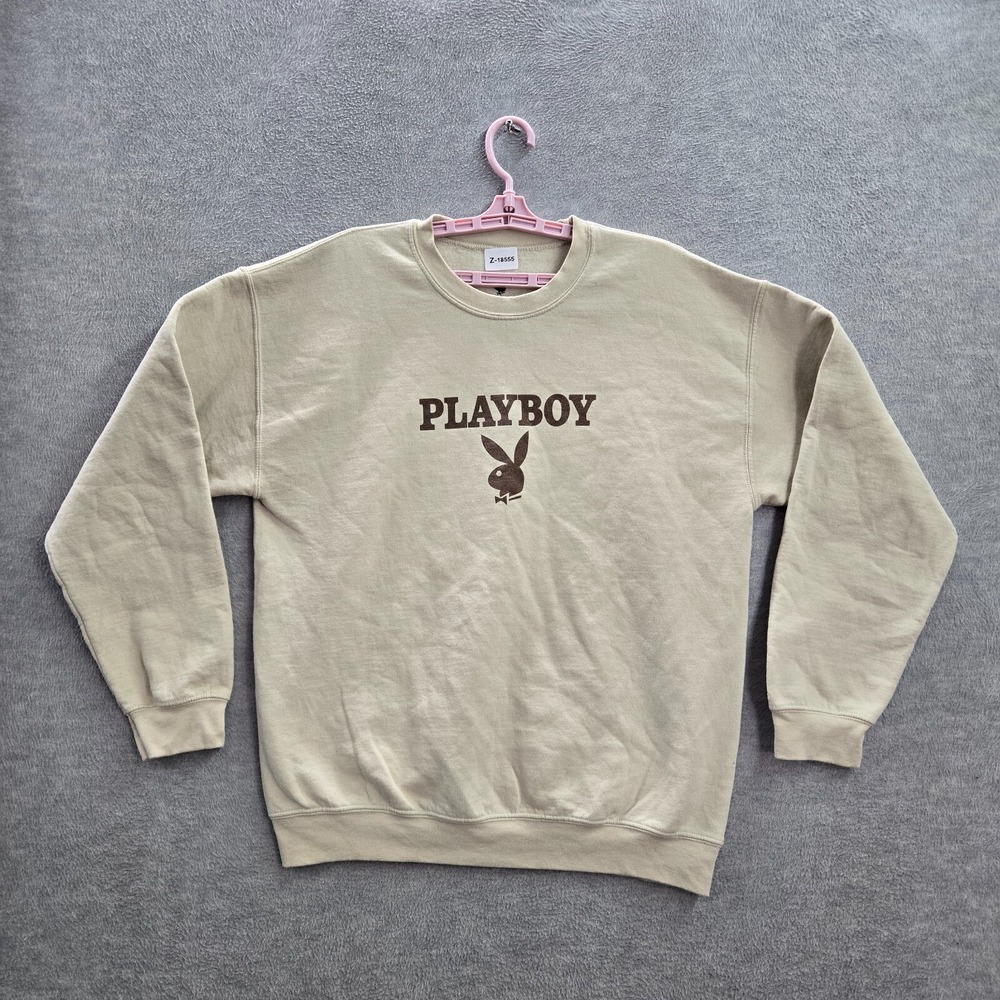 Playboy Men Sweatshirt L Beige Long Sleeve Logo Cotton Polyester READ